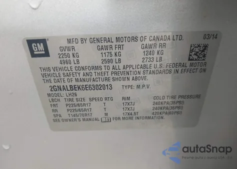 2014 Chevrolet Equinox 1Lt из США, поврежденный, VIN 2GNALBEK6E6302013